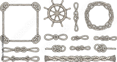A Nautical Collection: Diverse Rope Knots and Sailing Elements Illustration