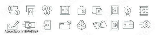 Money and Payment Line Icons set. Business, finance, transaction, payment, banking, wallet, coins, credit card, currency, exchange, cashback.