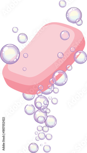 Pink soap bar with flowing iridescent bubbles against white backdrop