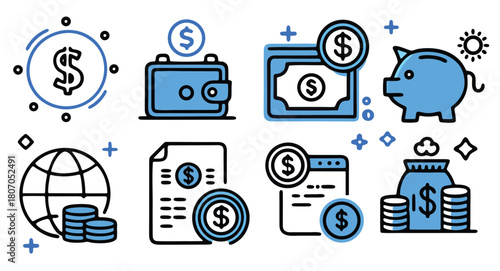 money icons set including a piggy bank dollar sign coin