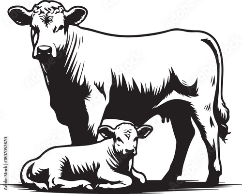 Print illustration of a cow and calf isolated on in black and white