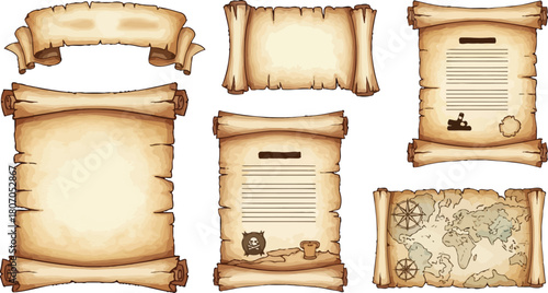 Collection of antique scroll illustrations for design purposes, pirate themed elements