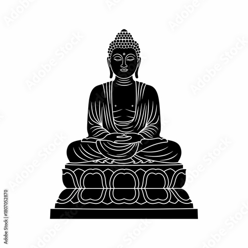 A black and white graphic illustration of the Buddha seated in a meditative lotus pose on a lotus throne.