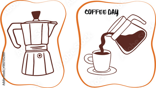 Hand-drawn  pot and coffee pour illustration in a modern minimal style. Perfect for café branding, kitchen décor, or beverage-themed designs. Clean lines and warm tones create a cozy coffee-day 