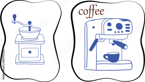 Minimalist coffee grinder and espresso machine illustrations in modern outlined style. Perfect for café branding, packaging, and kitchen  A clean design for coffee lovers and creatives.