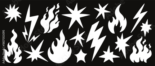 Bold comic-style flame, lightning, and star silhouettes in a dynamic graphic set. High-contrast shapes perfect for energetic designs and creative effects. Ideal for posters, stickers, and digital art.