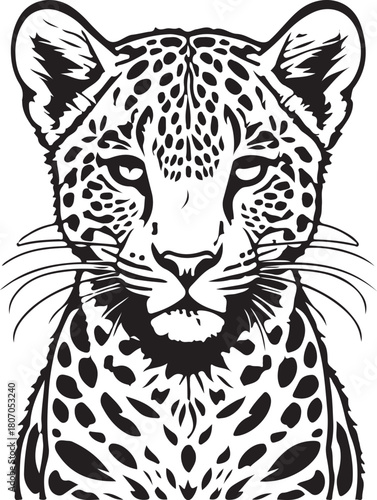 Print detailed black and white line art of a jaguar face isolated on