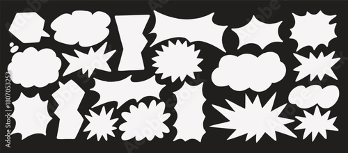 Bold comic speech bubble silhouettes in a clean white cutout style. Dynamic shapes perfect for captions, sound effects, and graphic storytelling. Ideal for posters, stickers, and digital design.