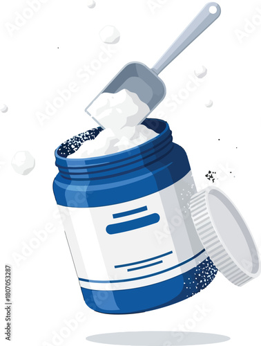 Blue jar with white powder being scooped illustration for commercial use