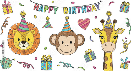 Celebratory jungle animal birthday illustration on a white background