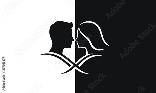 Abstract silhouette of a couple facing each other in profile with intertwined lines isolated on white background