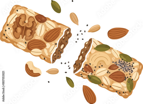Delicious broken granola bar with nutritious nuts and seeds illustration