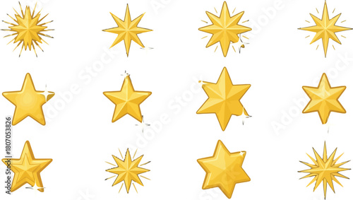 Assortment of golden sparkling star icons collection on white background