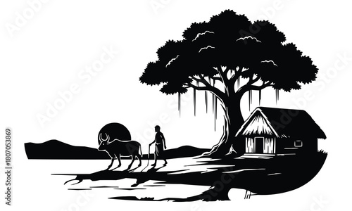 Silhouette of a rural village scene with a large tree and a small hut isolated on white background