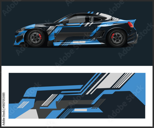 Modern sports car wrap design with geometric blue and black pattern