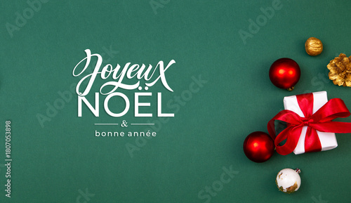 Joyeux noel and Bonee Annee. French Merry Christmas Modern calligraphy lettering on sticker for season greetings. Greeting card, frame, and banner. Holidays design.