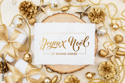 Joyeux noel and Bonee Annee. French Merry Christmas Modern calligraphy lettering on sticker for season greetings. Greeting card, frame, and banner. Holidays design.