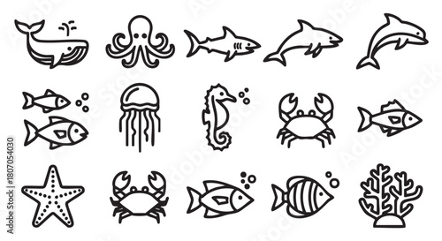 Black and white line art illustration of various sea creatures