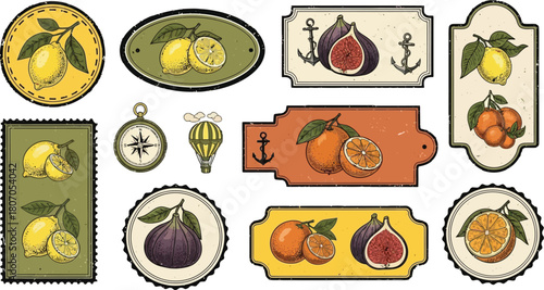 Vintage style fruit and travel labels featuring lemons, figs and citrus