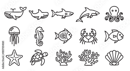 Black and White Ocean Animal Line Icons Seamless Pattern Design