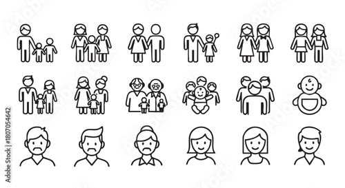 Collection of linear family and sadness icons representing social challenges