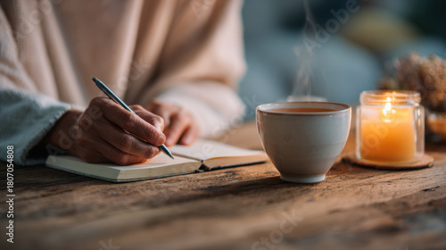 Peaceful journaling moment with tea and candlelight on wooden table