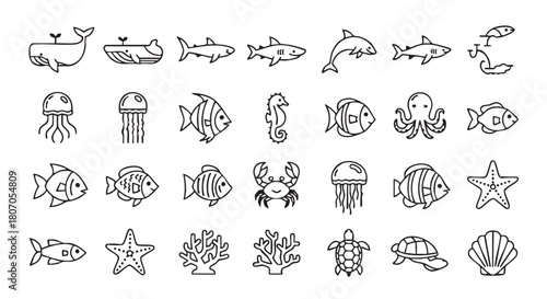 Collection of ocean wildlife icons minimal graphic vector illustration set