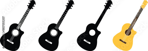 guitar, acoustic guitar, musical instrument, string instrument, silhouette, black, white background, yellow, brown, music, sound, melody, chord, strum, fretboard, body, neck, headstock, strings, sound