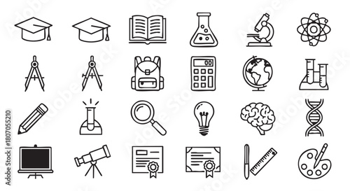Education learning outline icons of college school and science objects