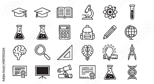 Education themed line art drawing with graduation caps and books