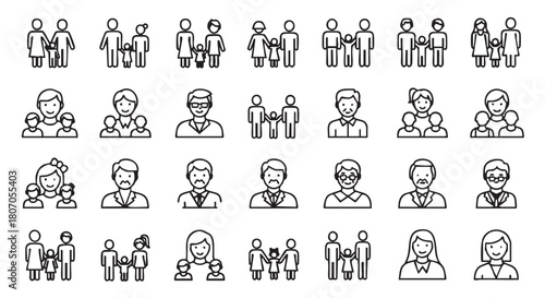 Family Icon Set Depicting Diverse Family Structures and Relationships Vector
