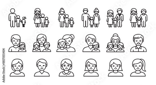Family icon set depicting parents and children in various combinations