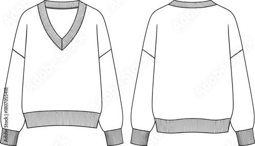 Oversized V-Neck Knit Sweater Technical Flat Sketch Vector Template with Dropped Shoulders and Ribbed Hem for Fashion Apparel Mockup