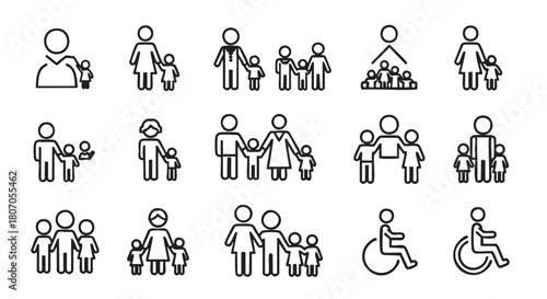 Family icon set representing parents children and single individuals