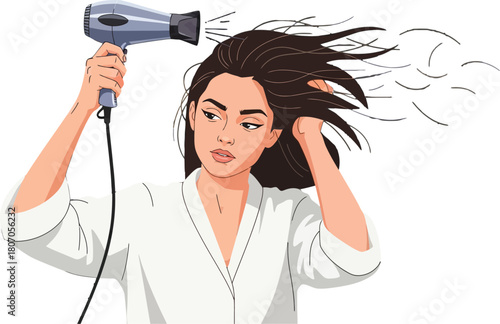 Illustration of a woman styling her hair with a hair dryer in bathroom