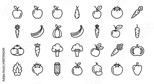 Line Art Illustration of Fruits and Vegetables Healthy Eating Concept