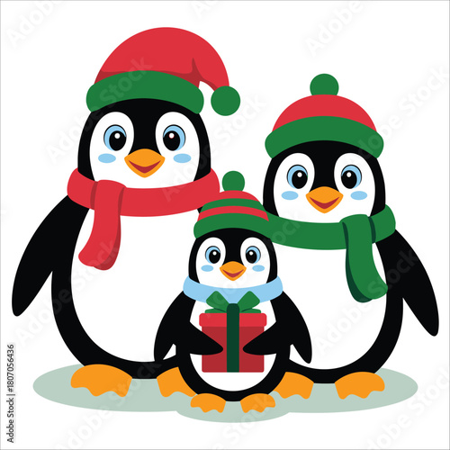 Penguin family with gift wearing santa hats isolated on