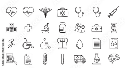 Medical Icon Set on White Background Illustrating Health and Wellness