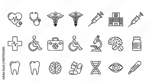 Medical icon set vector illustration with heart stethoscope and brain