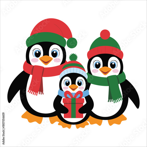 Cartoon penguin family with christmas hats and scarves isolated on white