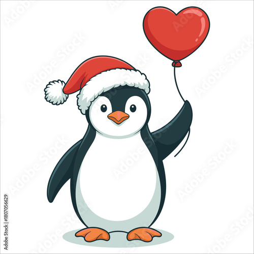 Cute penguin wearing santa hat holding heart balloon isolated on