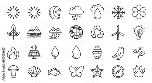 Nature and Environment Icon Set with Sun Moon and Landscape elements