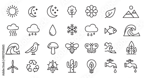 Nature elements minimal vector icons set ecology and weather symbols