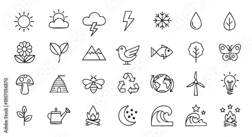 Nature themed icon set featuring sunshine flower bee and mountain drawing