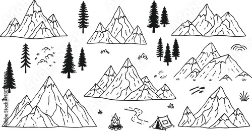 Monochrome mountain range landscape with evergreen trees and camping elements