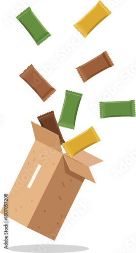Colorful snack bars falling into an open carton box, vector illustration