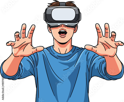Cartoon man experiencing virtual reality with astonishment expression
