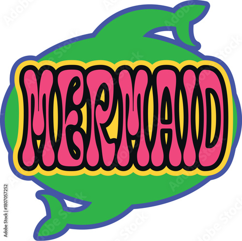 Mermaid pirate retro Y2K sticker or symbol. Corsair sailing vintage label, pirate nautical vector sticker. Filibuster marine Y2K patch or tag with mermaid tail silhouette and typography