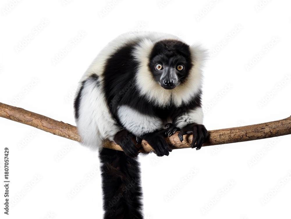 Obraz premium Black and White Ruffed Lemur Perched on Branch, Curious Expression