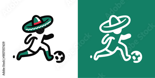 Minimalist Mexico soccer logo with player in sombrero kicking ball illustration